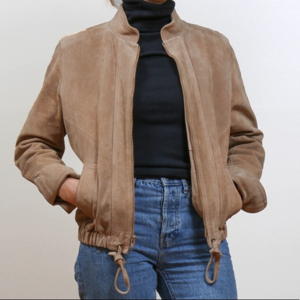 Women's Vintage 70s Era Jordache Tan Suede Zippered Jacket with Drawstring Hem